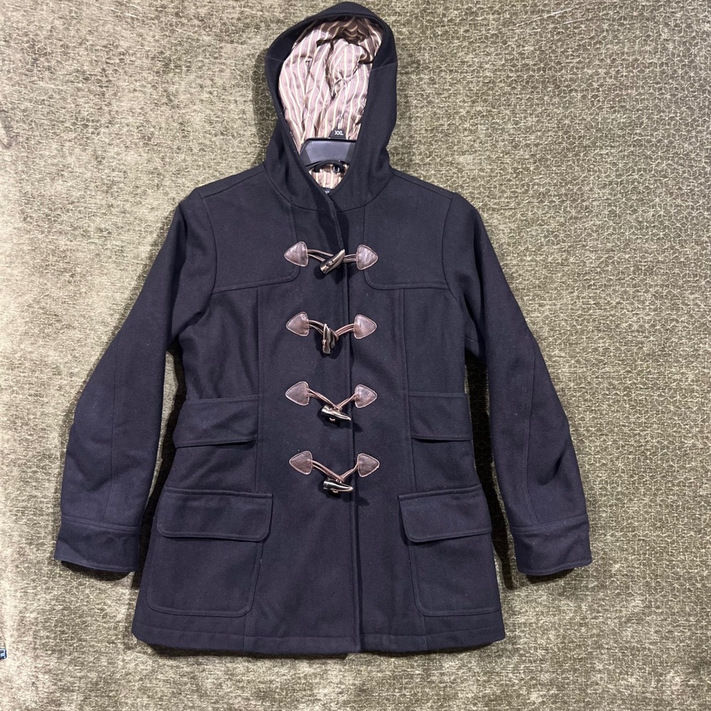 American Eagle Duffle Coat Womens Large Black Wool Blend Hooded Toggle Jacket